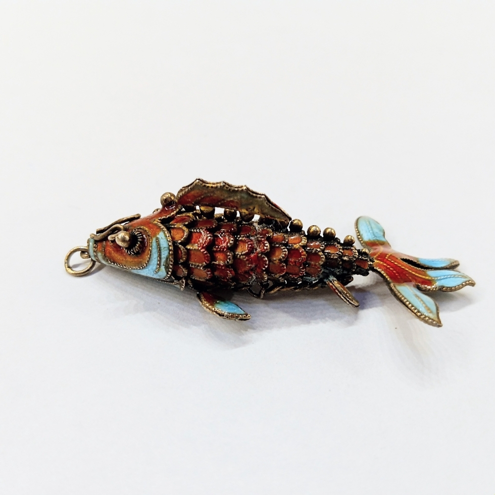 Chinese Export Silver Enamel Articulated Koi Fish Pendant Vintage - Picture 2 of 7